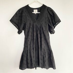 Alicia Bell Black Eyelet Mini Dress Lace Tiered 100% Cotton Sundress XS